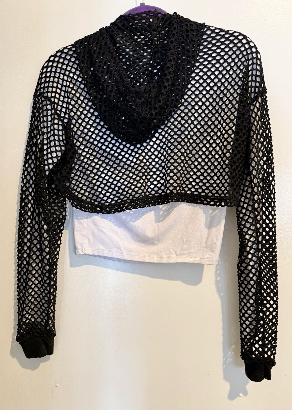Avidlove Women’s Black Mesh Fishnet Sheer Cropped Hooded Pullover Hoodie Size M