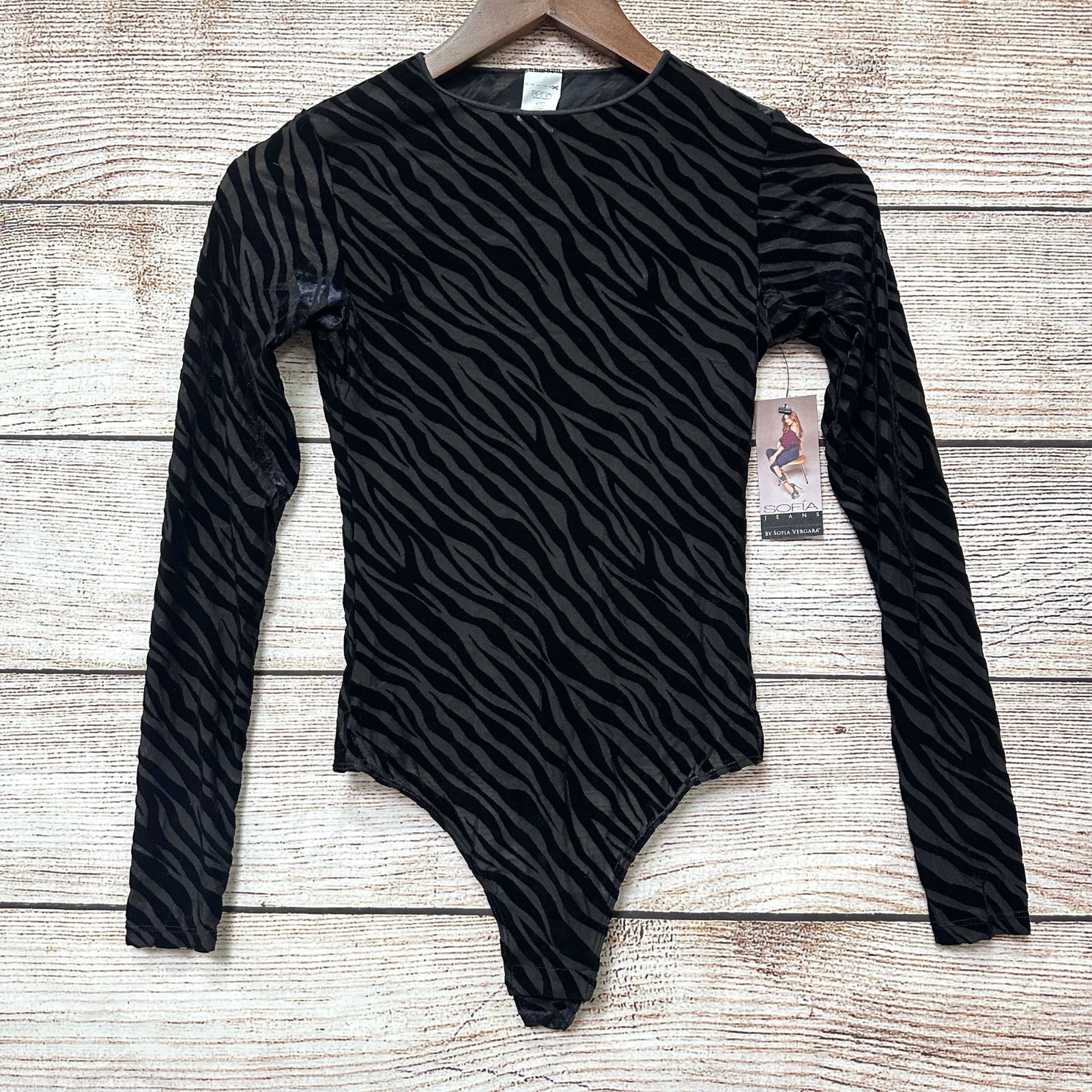 Sofia Vergara Womens Black Zebra Burnout Long Sleeve Bodysuit Small 4-6 NWT