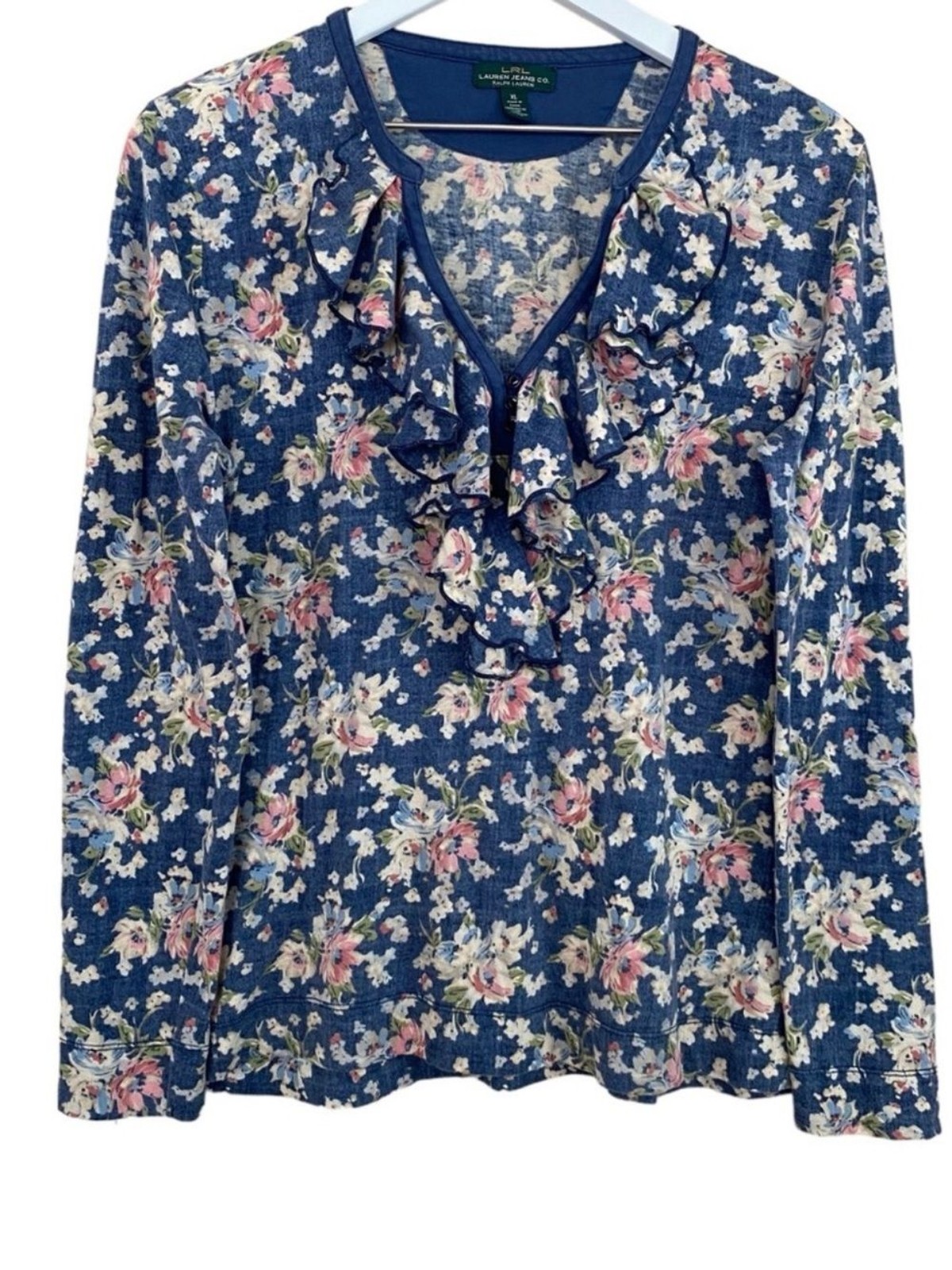 Ralph Lauren Floral Blue & Pink Ruffle Neckline Lightweight Long Sleeve Top