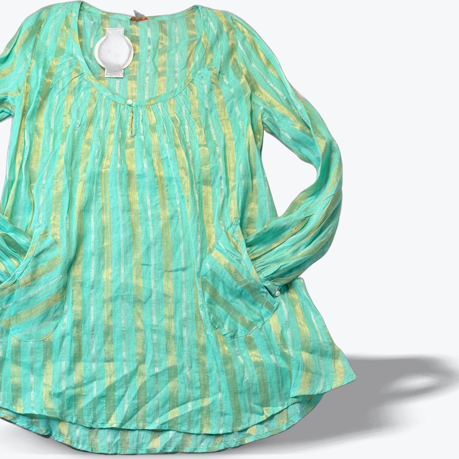 Echo Beach Cover Top Pockets Turquoise Gold Metallic Striped Tunic Womens Small