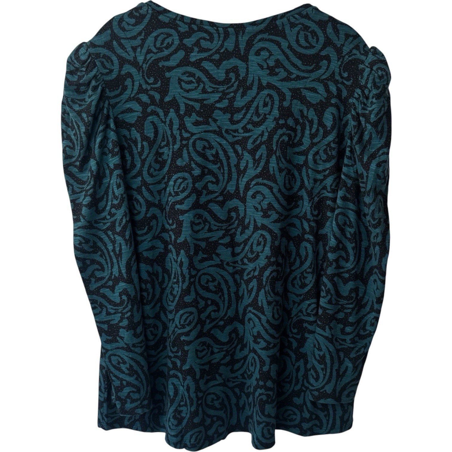 Chicos Teal Black Damask Print V-Neck Puff Sleeve Blouse Feminine Floral XL