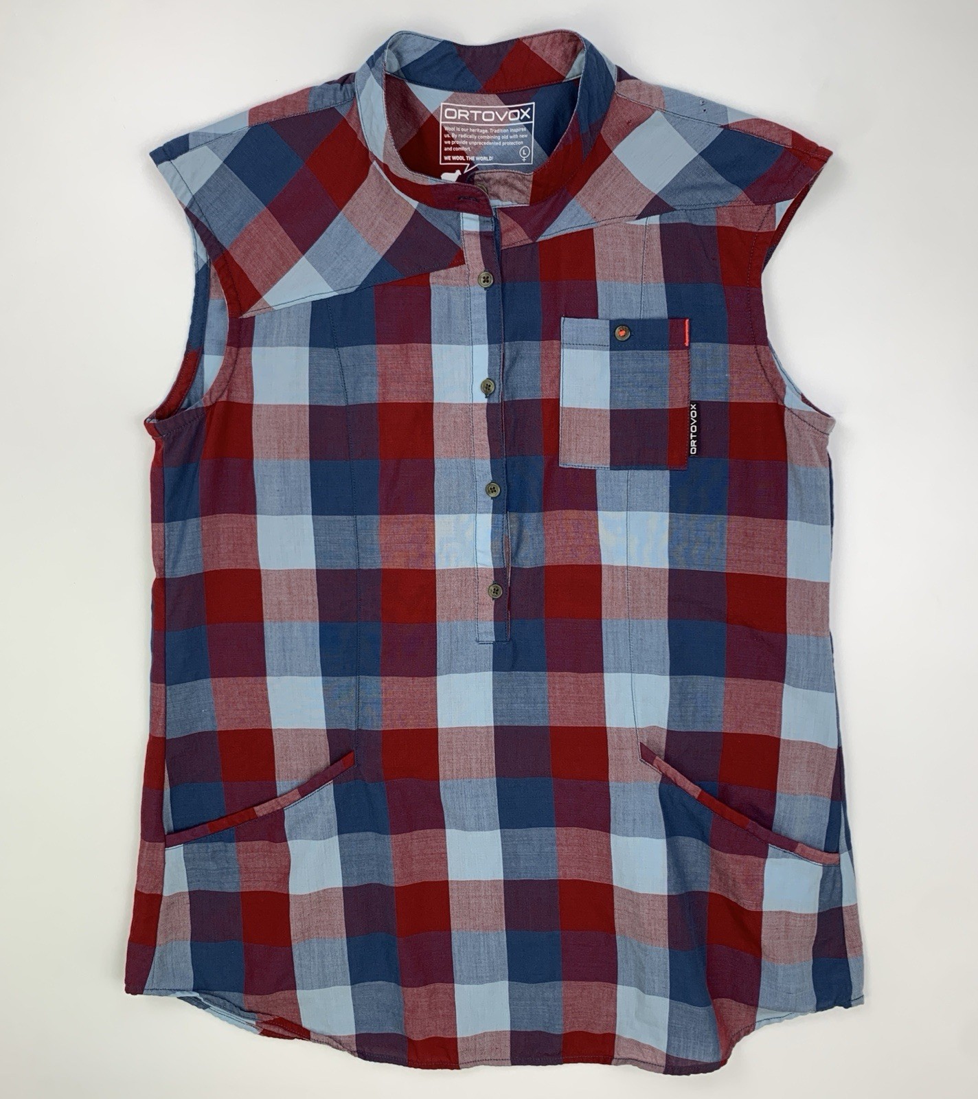 Ortovox Cortina Tunika Shirt Plaid Sleeveless Pocket Vest Wool Blend Size L