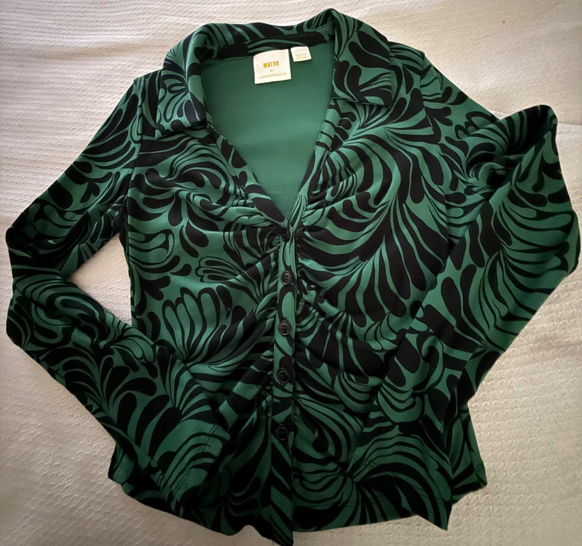 Maeve By Anthropologie Ruched Shirt In Green Motif Sz Medium office wear