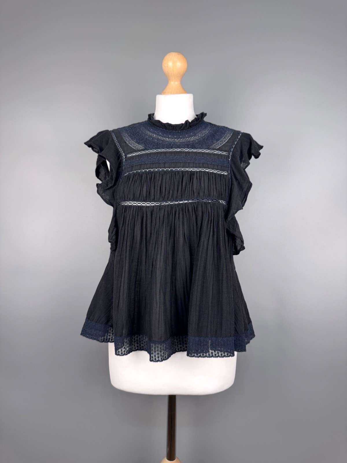Isabel Marant Etoile Vivia Top Black Mock Neck Lace Trim Ruffle Embroid Womens S
