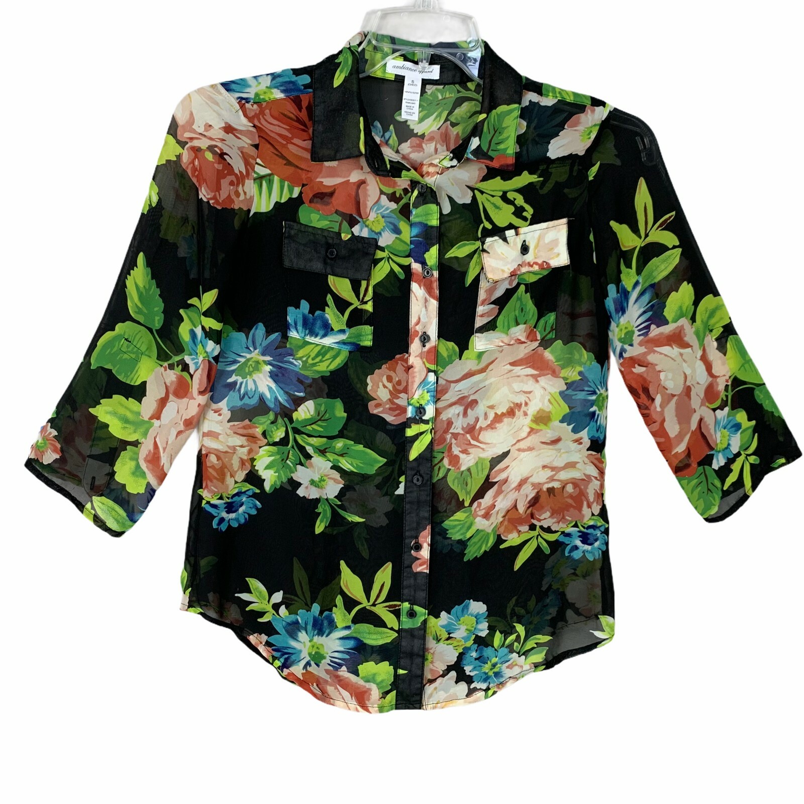 Ambiance Apparel Light Weight Airy Blouse Women S Semi-sheer Floral 3.4 Sleeve