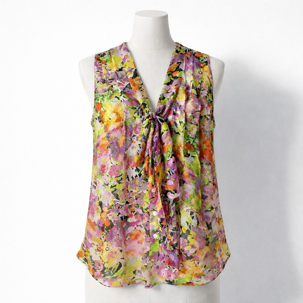 Ambiance Apparel Womens M Floral Multicolor Button Semi Sheer Sleeveless Blouse