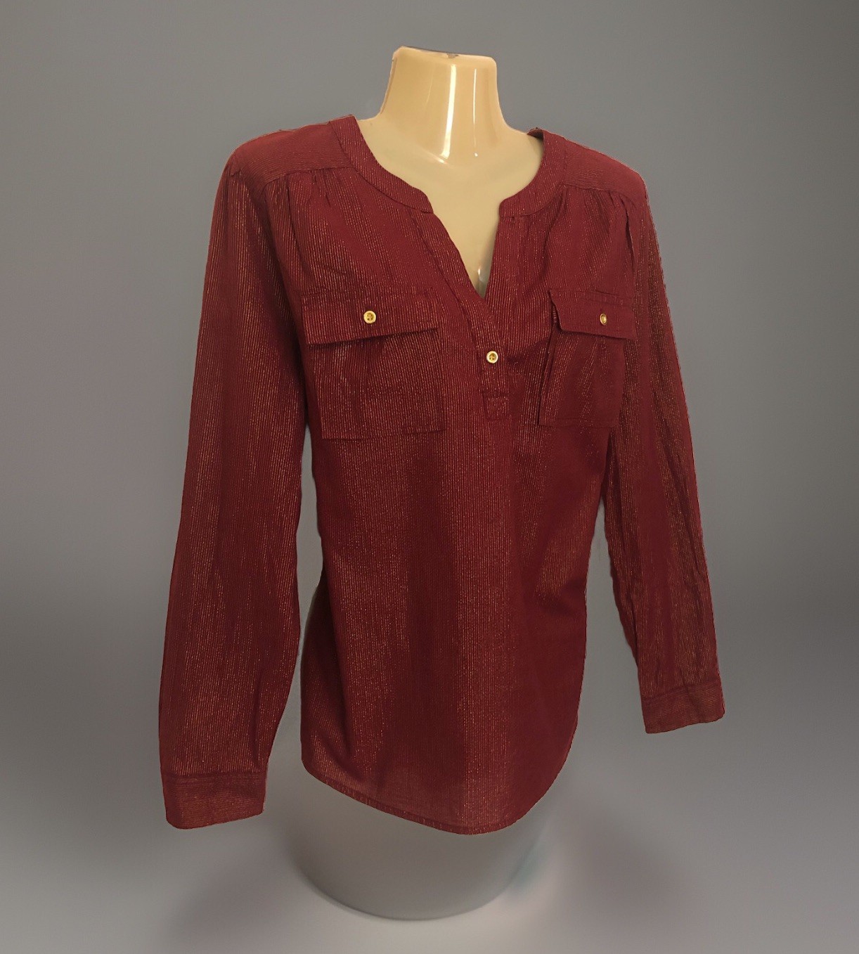 Split Round Neck Blouse Size Large Red W/ Metallic Gold Pin Stripes Two Pocket
