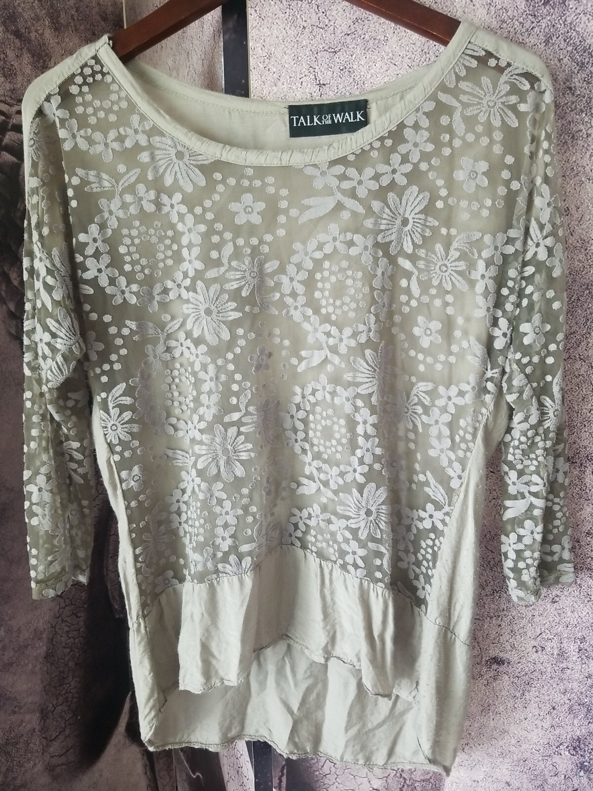 TALK OF THE WALK Atlantic City NJ Floral Embroider Sheer Taupe Blouse Size S