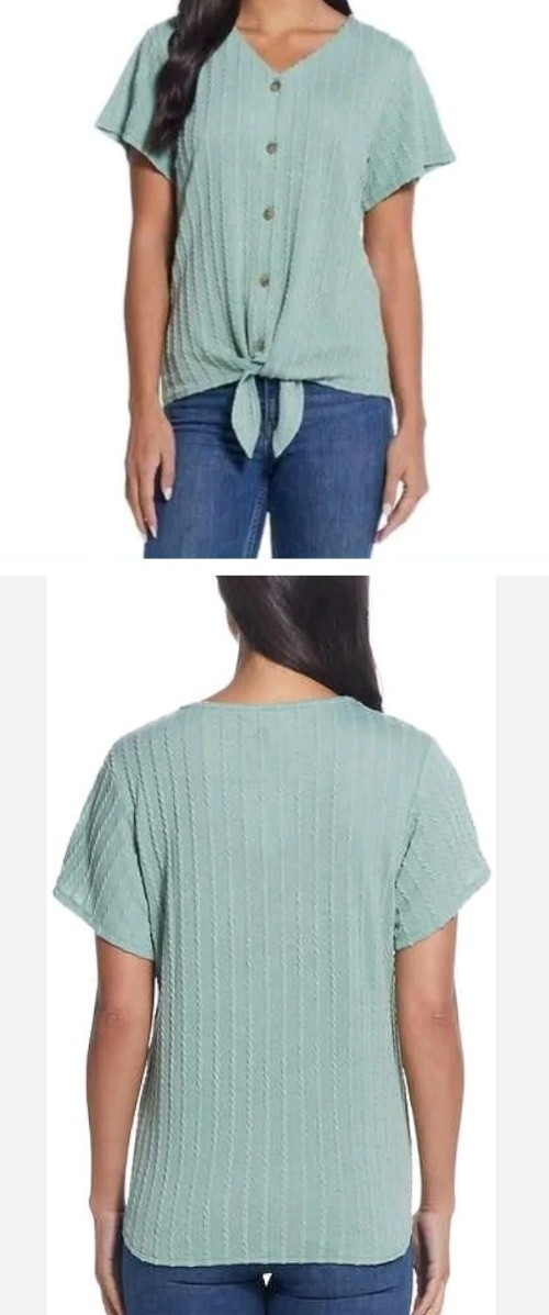 Weatherproof Vintage ~ Tie Front ~ LARGE ~ V-Neck ~ Braided Knit Top ~ GREEN