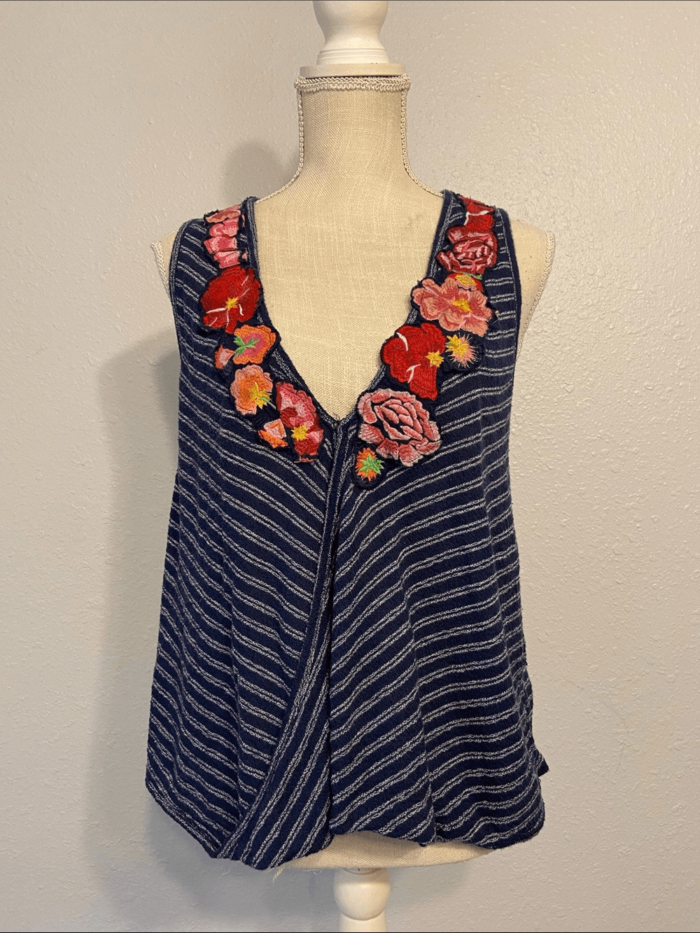 Free People Blue Multicolor Floral Embroidered Frieda Striped Tank Size Medium