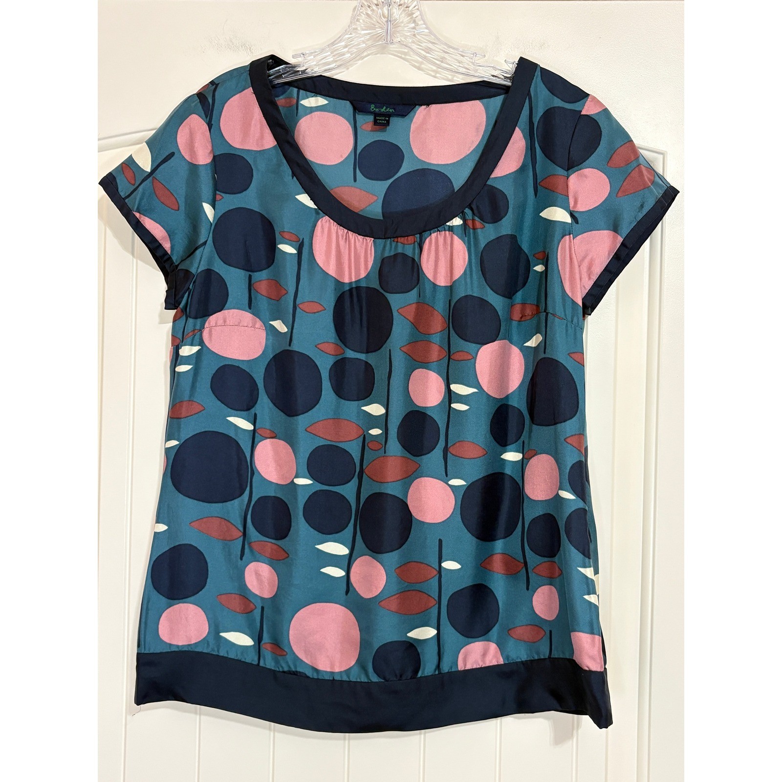 Boden 100% Silk Short Sleeve Blouse/Top Polka Dot Side Zip Mod MCM Est. Sz 8/Med