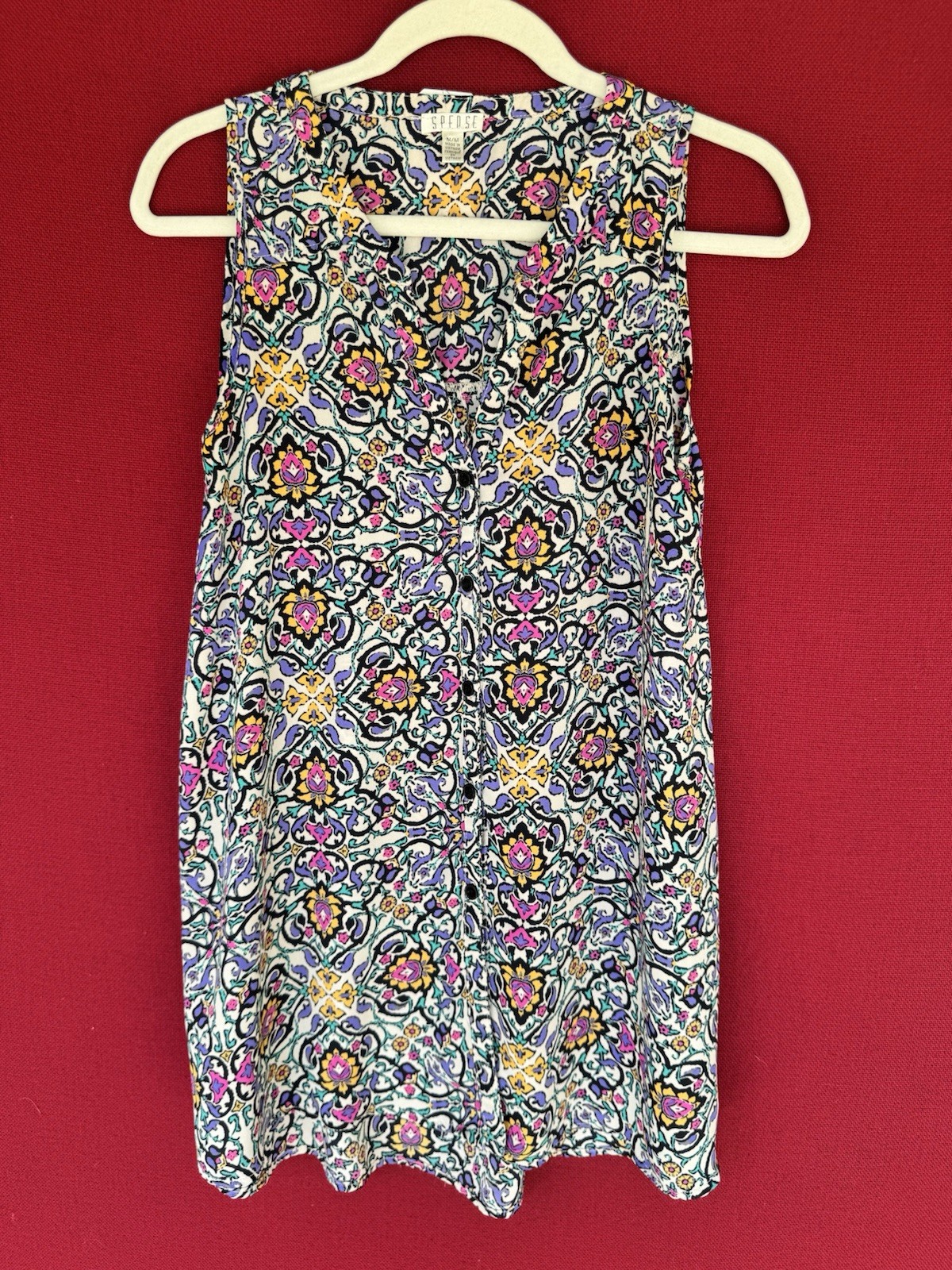 Spense- Women’s Long Tank Blouse with Fish Tail and Boho Print Size M