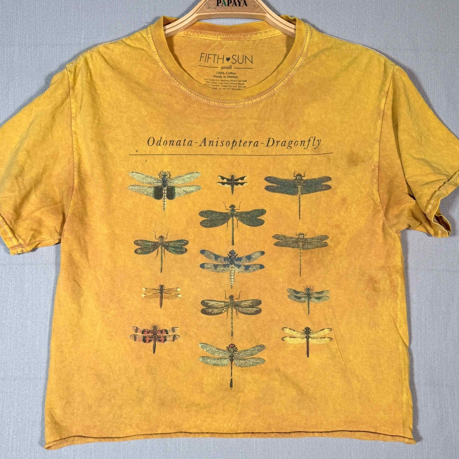 Fifth Sun Dragonfly Graphic Crop Tee Mustard Yellow Small Acid Wash Boxy Fit