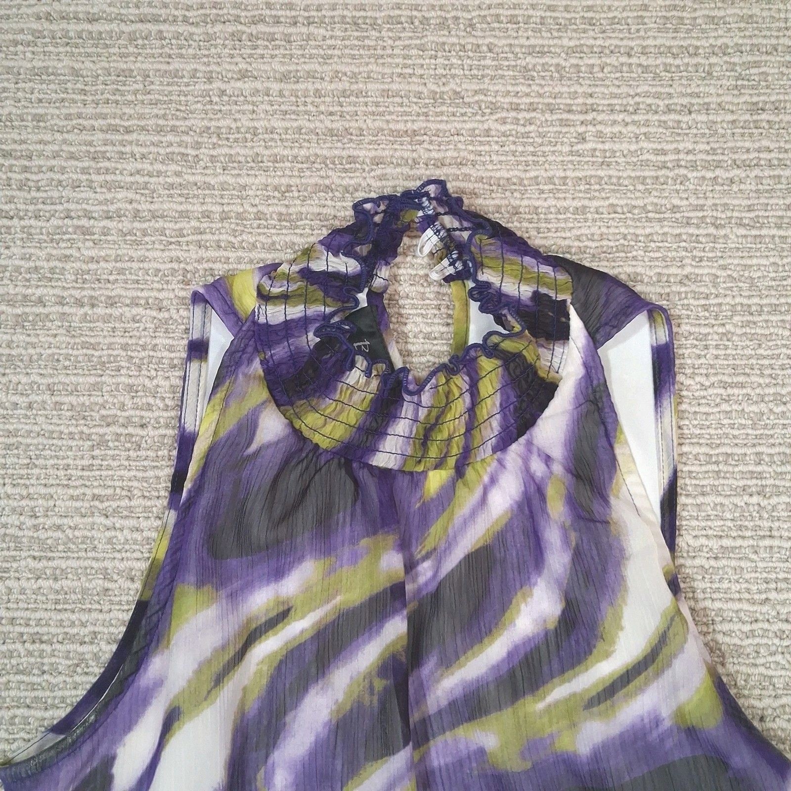 b wear byer california purple green abstract high neck smocked blouse medium y2k
