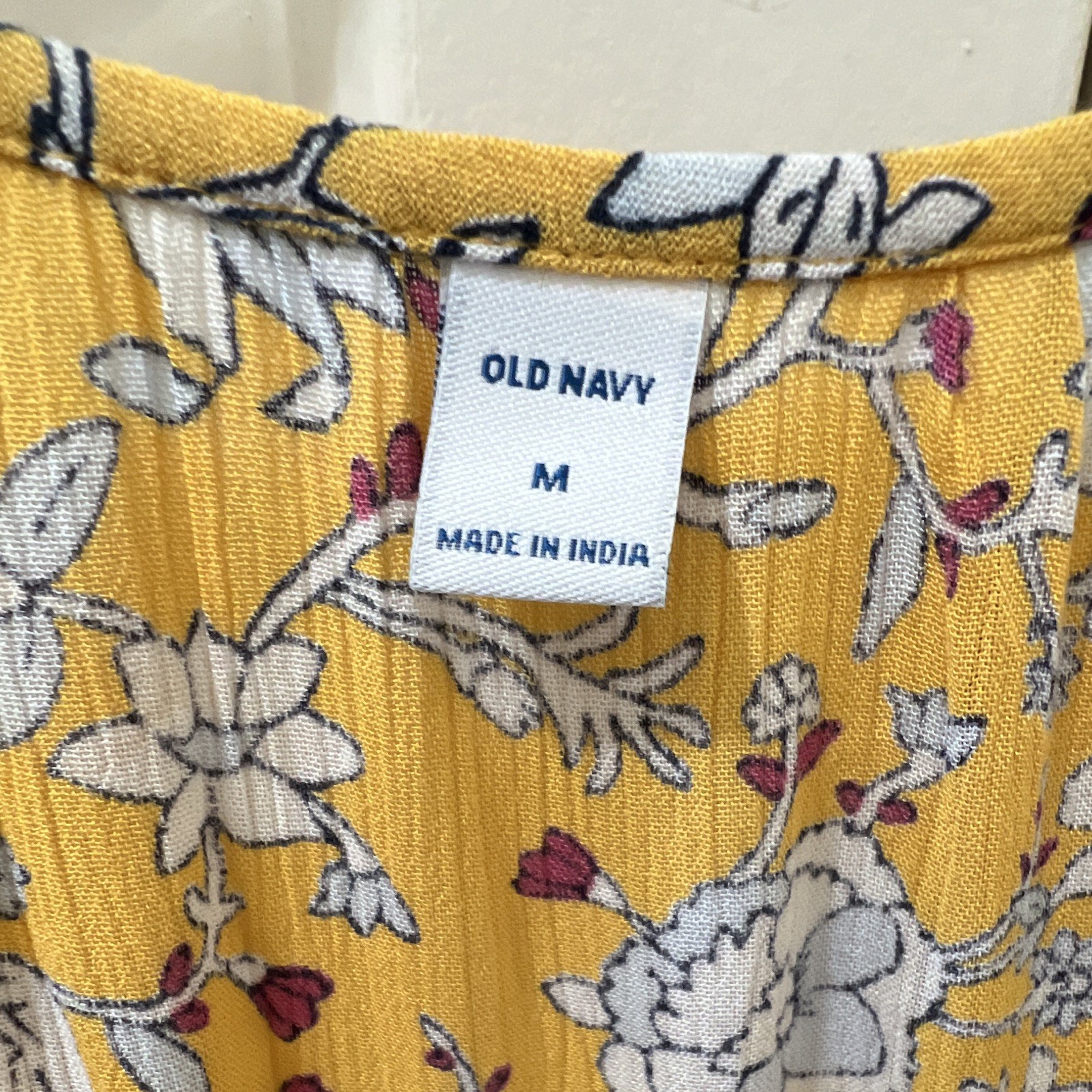 Old Navy Yellow White Floral V-Neck Long Sleeve Pullover Tassel Tie Blouse M