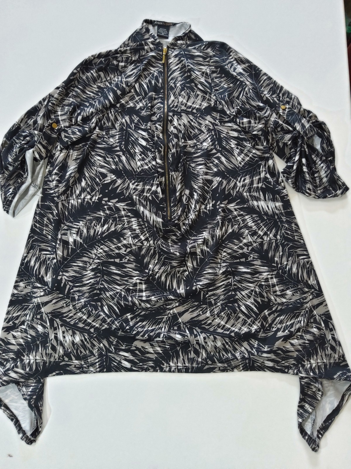 Robert Louis Half Zip Top Womens Medium Black Beige Floral Palm Sharkbite Hem