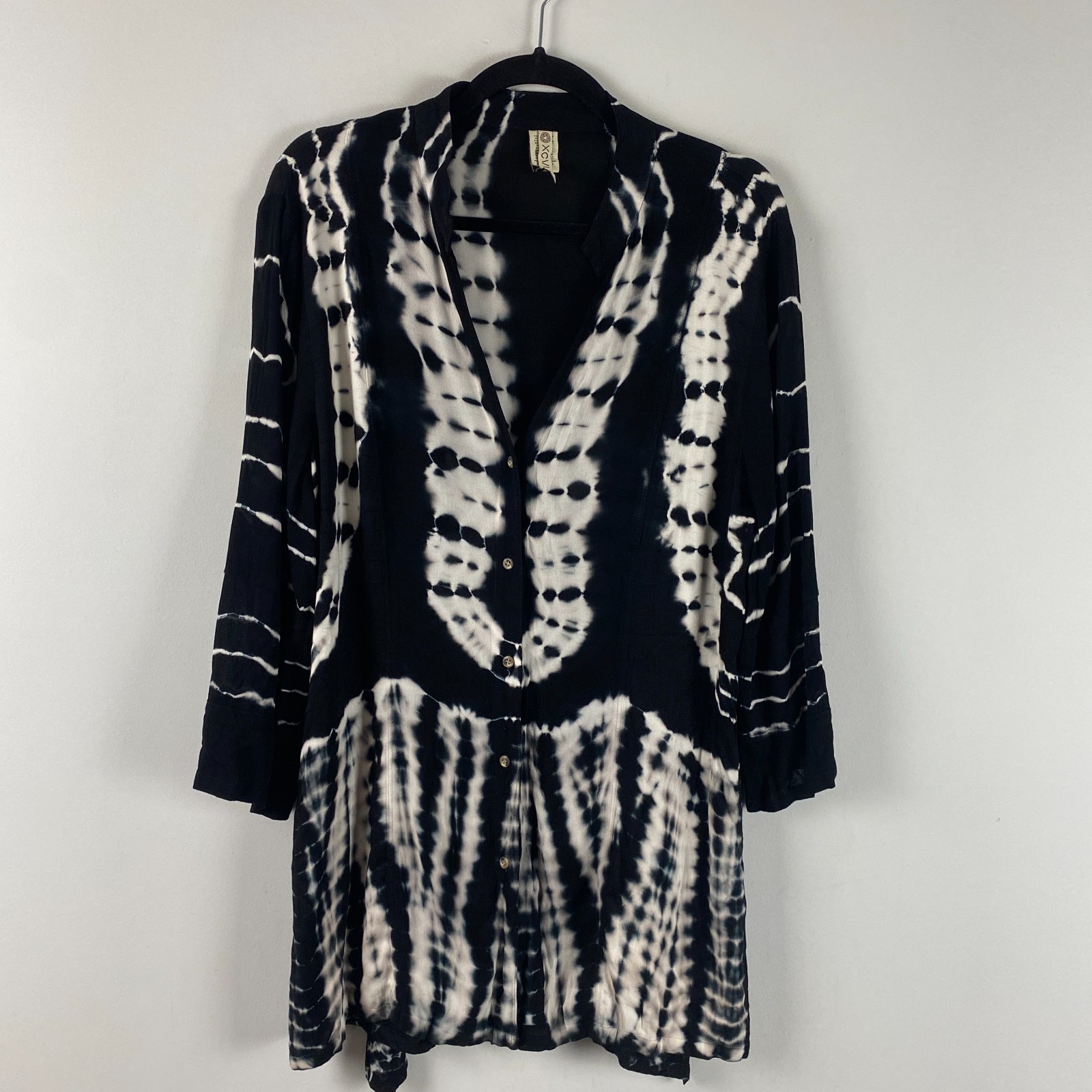 XCVI Button-Up Tunic Top Size Large Black Tie Dye Sheer