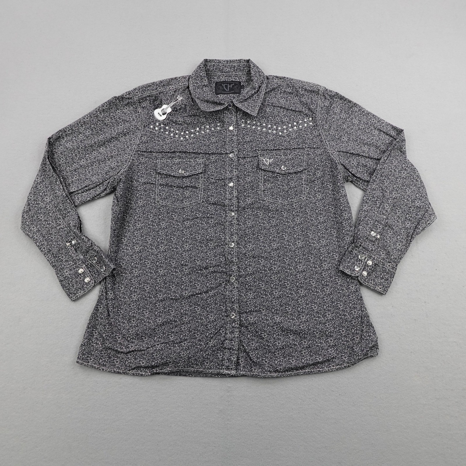 Cowgirl Hardware Shirt XL Gray Western Pearl Snap Rhinestones Guitar Embroidered