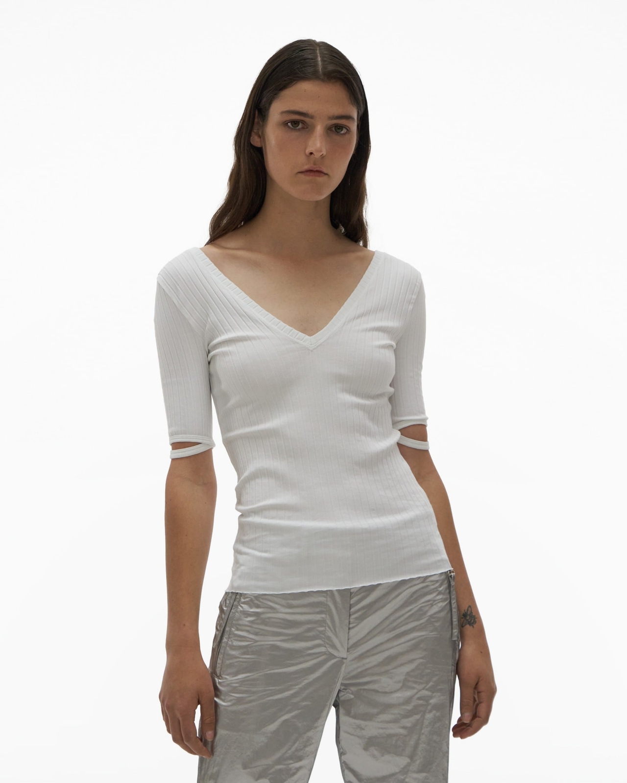 Helmut Lang 289312 Women’s V-NECK RIBBED TEE White Size Large