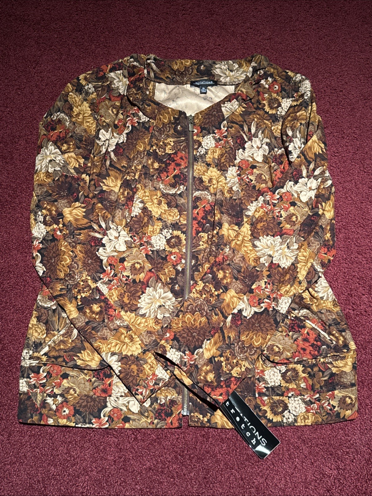 Notations Woman’s XL ZIP Up Jacket/Shirt Floral Faux Pockets Stretch NWT