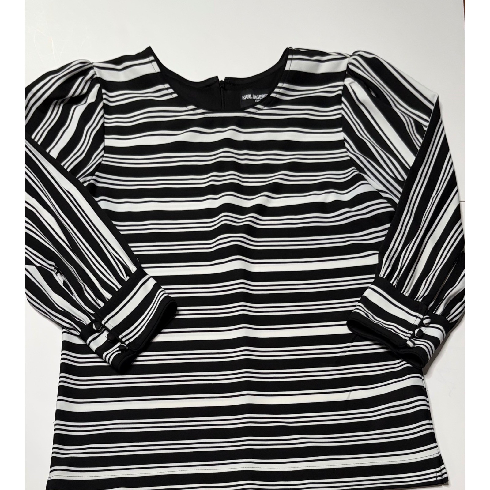 Karl Lagerfeld Paris Womens Striped Puff Sleeve Blouse Black White Size M
