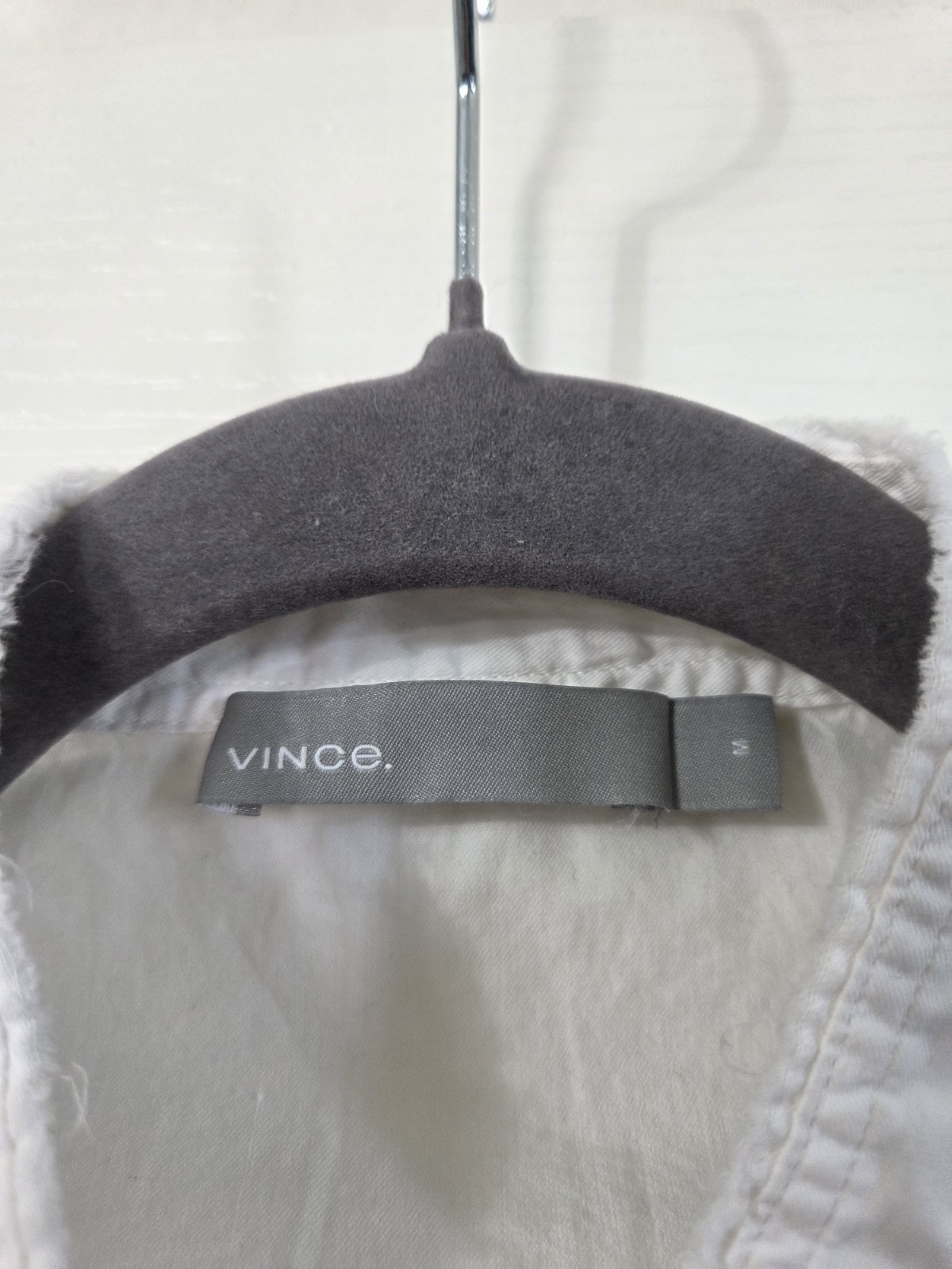 Vince White Cotton Silk Blend Raw Hem Mandarin Collar Long Sleeve Blouse, Medium