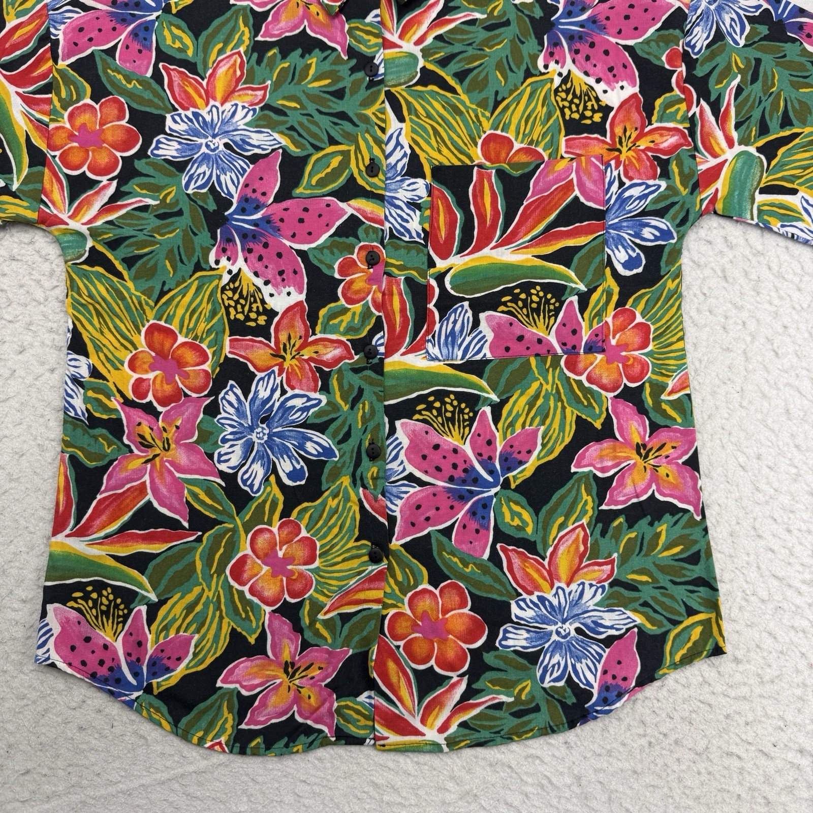Vintage Aloha Hawaiian Shirt Womens Medium M Green Pink Floral Box Office