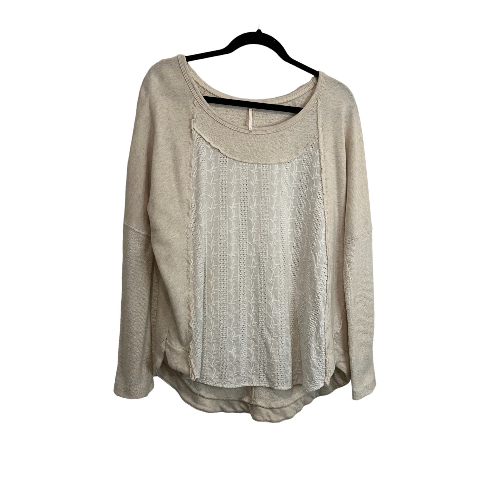 Free People Mixed Fabric Lace Thermal Cream Long Sleeve Pullover Top Womens XS