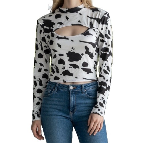 Women’s Crop Top Chest CutOut Cow Print Sz S Western Cowgirl Sexy Cowboy Stretch