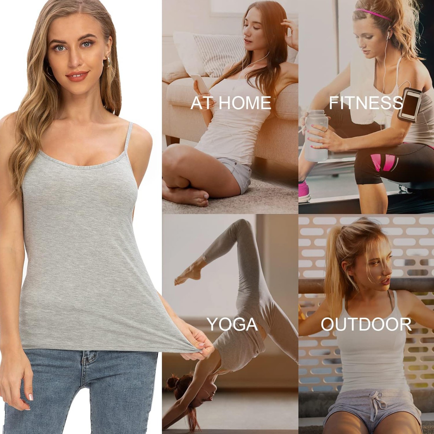 Camisole with Built in Shelf BRA Adjustable Spaghetti Strap Basic Tank Tops US