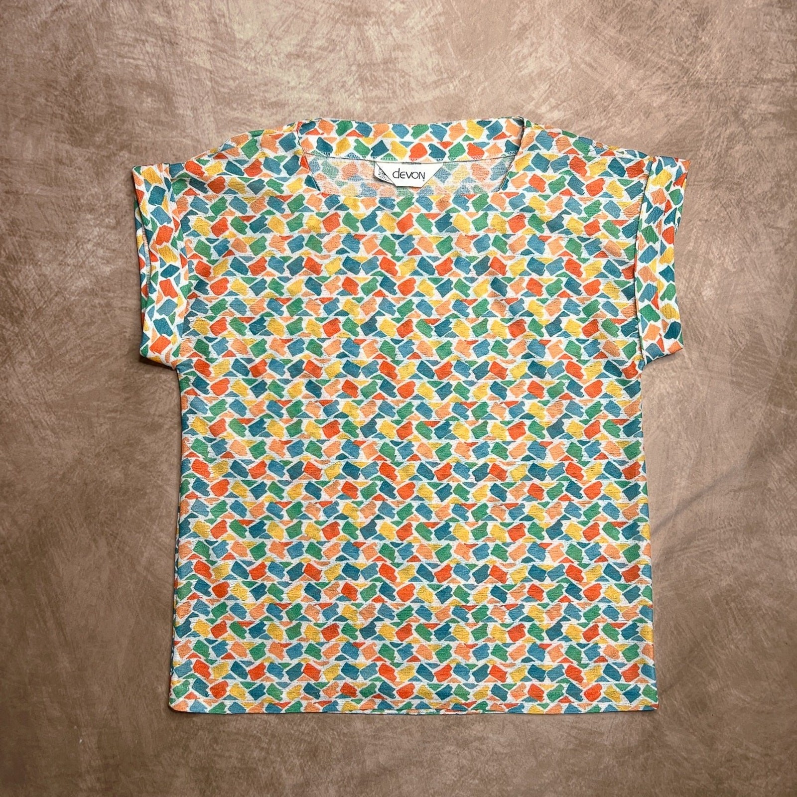 Vintage 70s Woven Polyester Top Multicolor Geometric Short Sleeve Shirt Retro