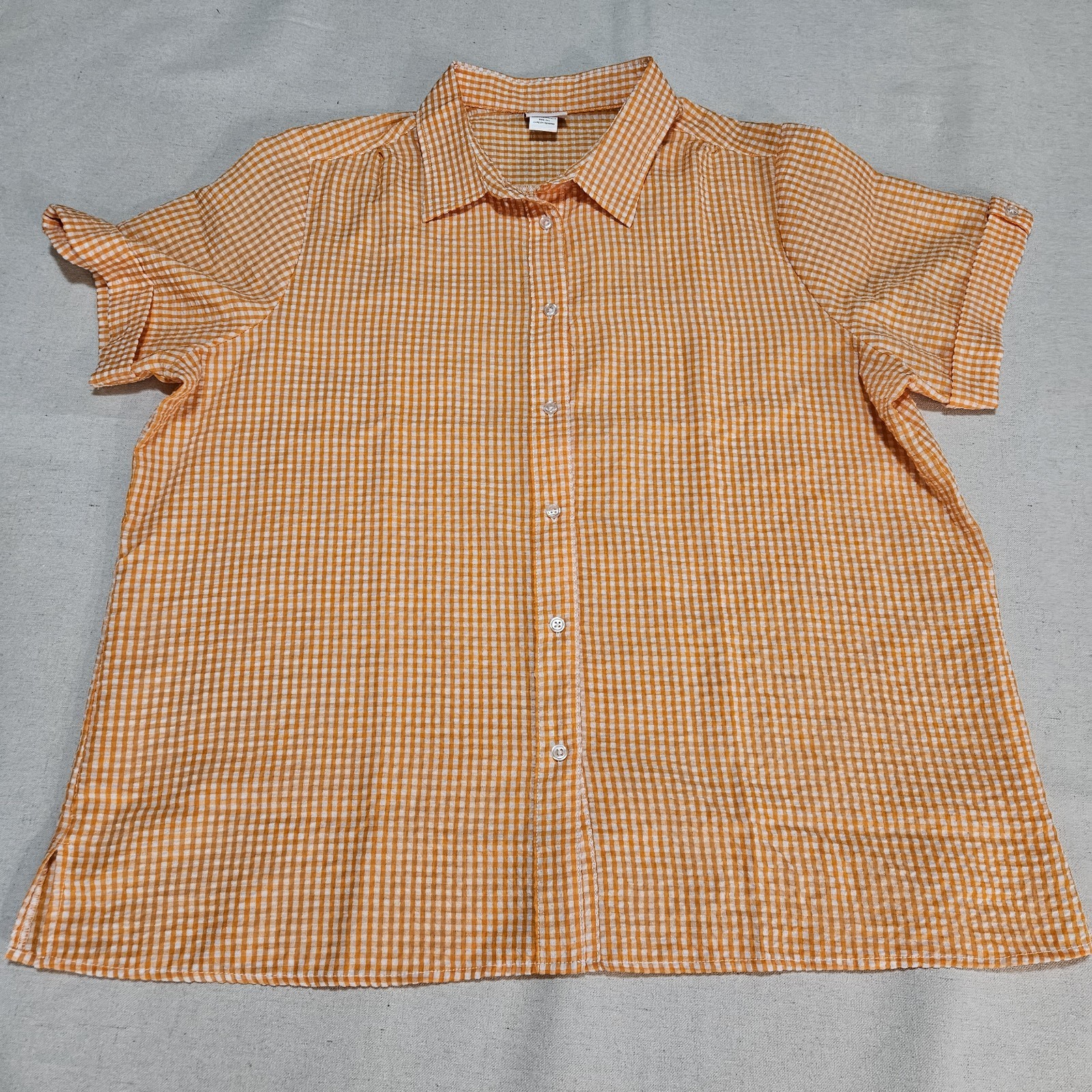 American Sweetheart Women’s 2XL Orange and White Gingham Seersucker Blouse Vtg