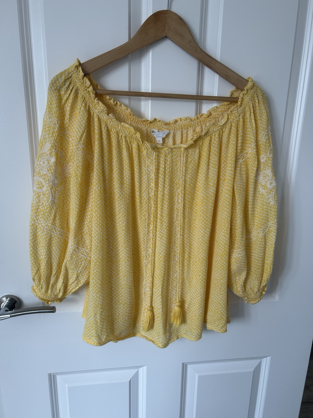Monsoon Beach Yellow Boho Top Size M Embroidered Bardot Beach Cover Up BNWOT