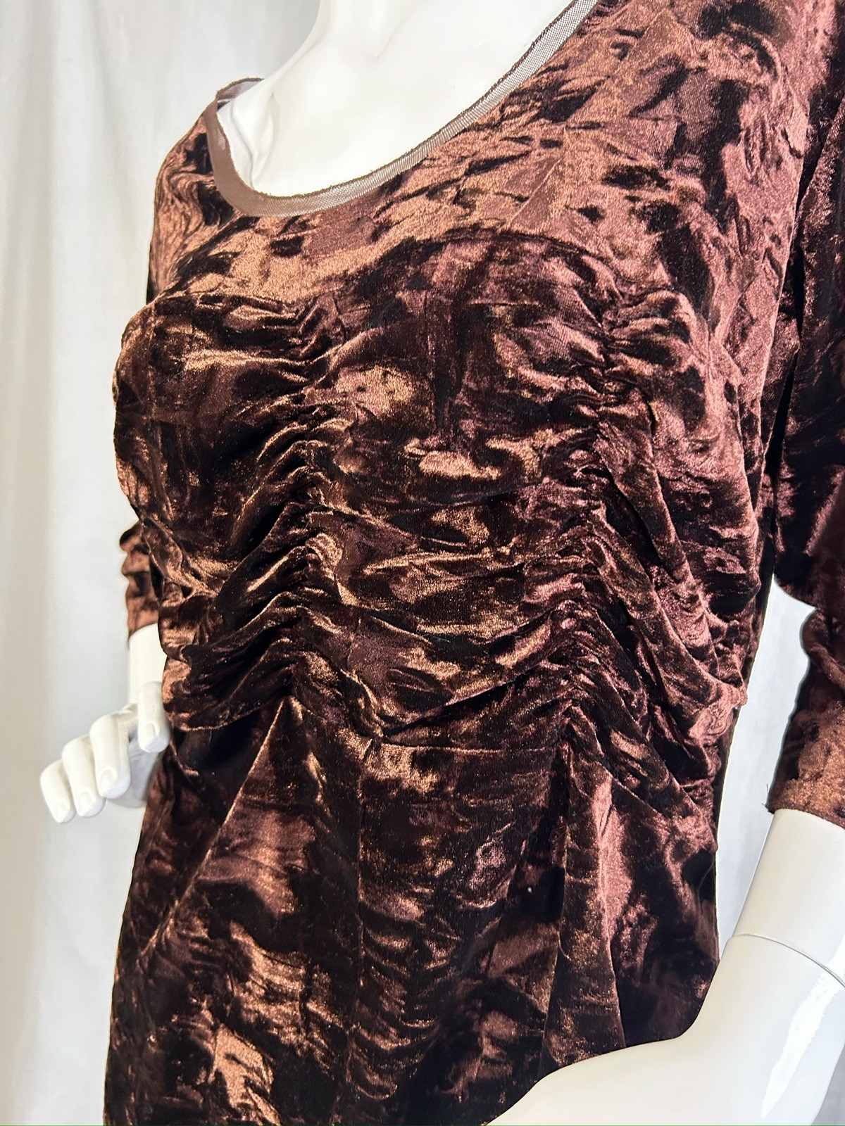 VTG Mob Wife 90s Velour Ruched Mesh Top XL Crushed Velvet Cinched Ruffled Gothic