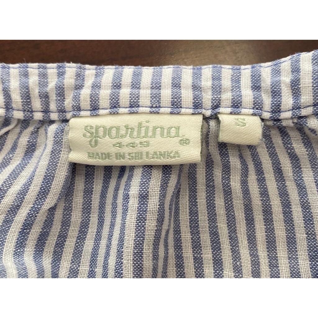 Spartina 449 Carlen Seersucker Tassel Tie Tunic Top Blue White 100% Linen Small