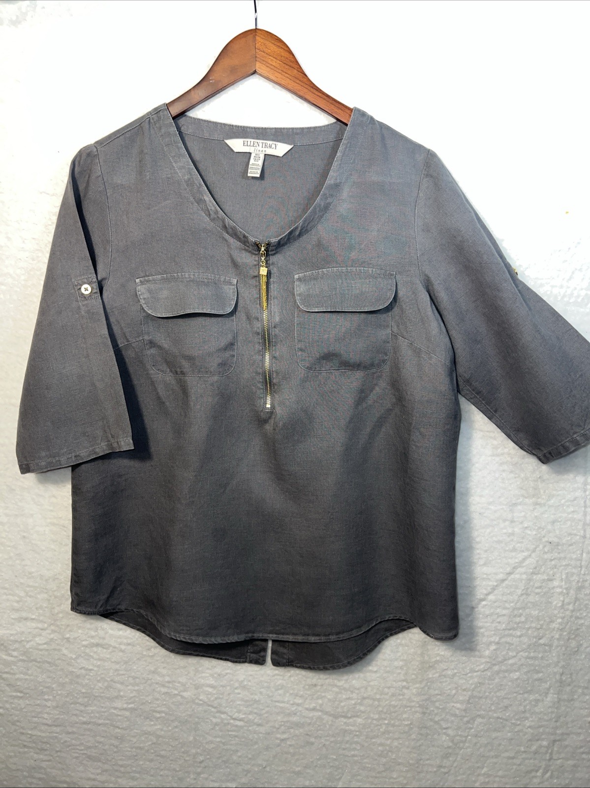 Ellen Tracy Linen Tunic Blouse – Gray Zip Front – Tassel Neck – Roll Tab Slv Sm