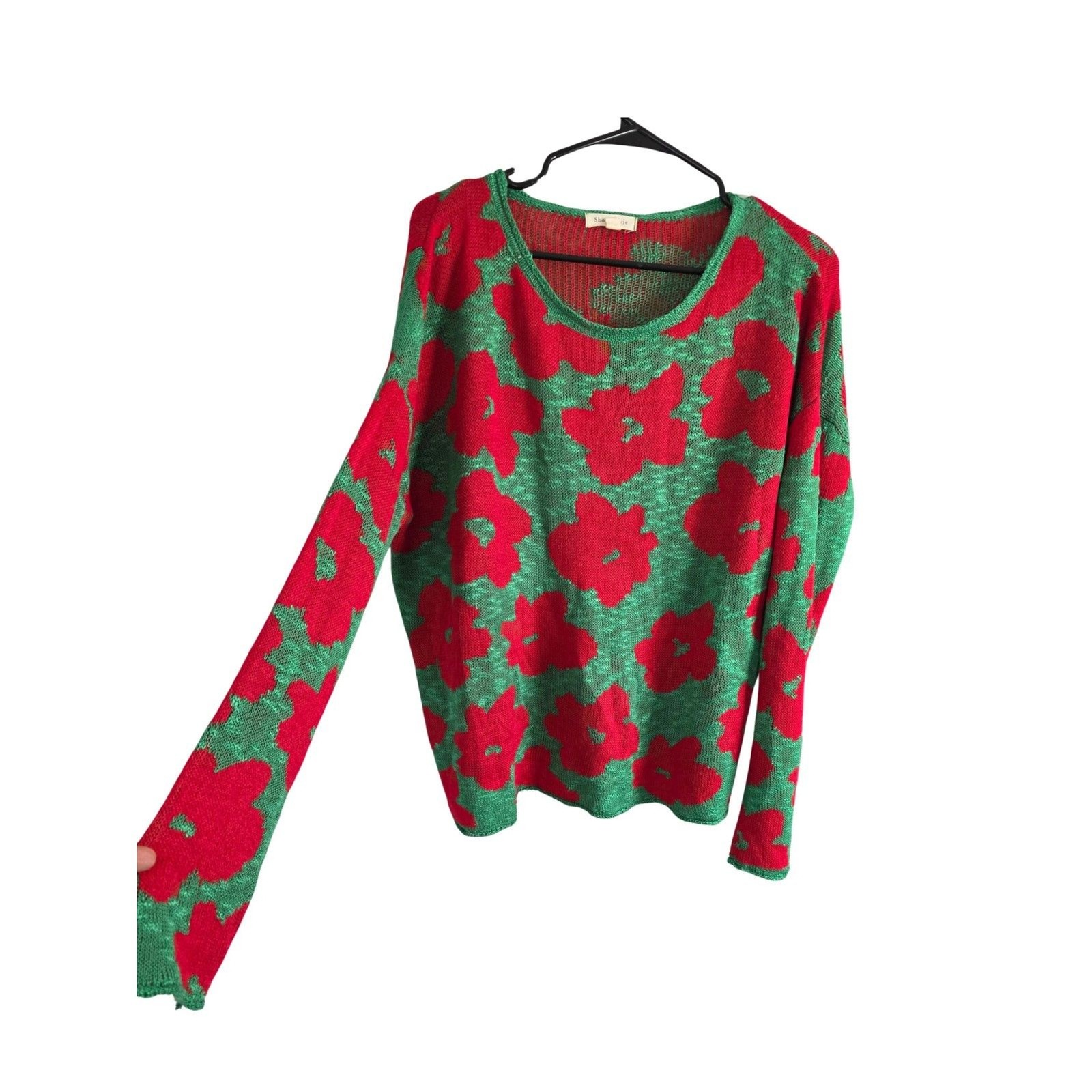 SHOP STEVIE Bold Red Floral Poppy Knit Green Sweater Top Size L Large