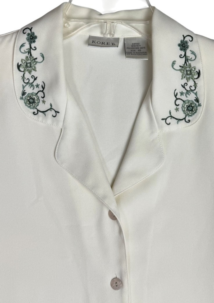 Koret Womens 10 Soft Ivory Embroidered Collar Button Front Blouse Long Sleeve