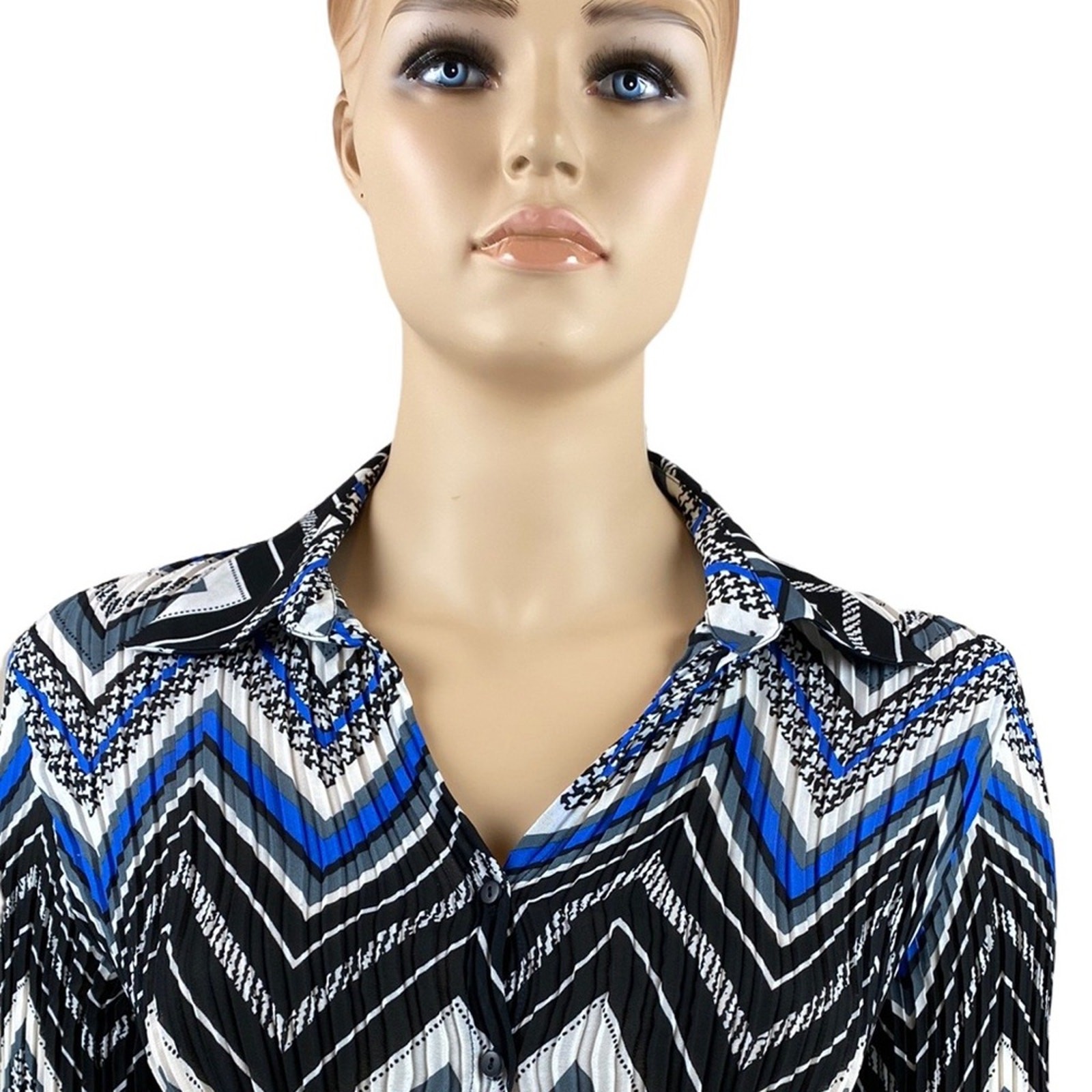 Sunny Taylor Women 1X Blouse Blue Black Chevron Pleated Bell Sleeve Button Front