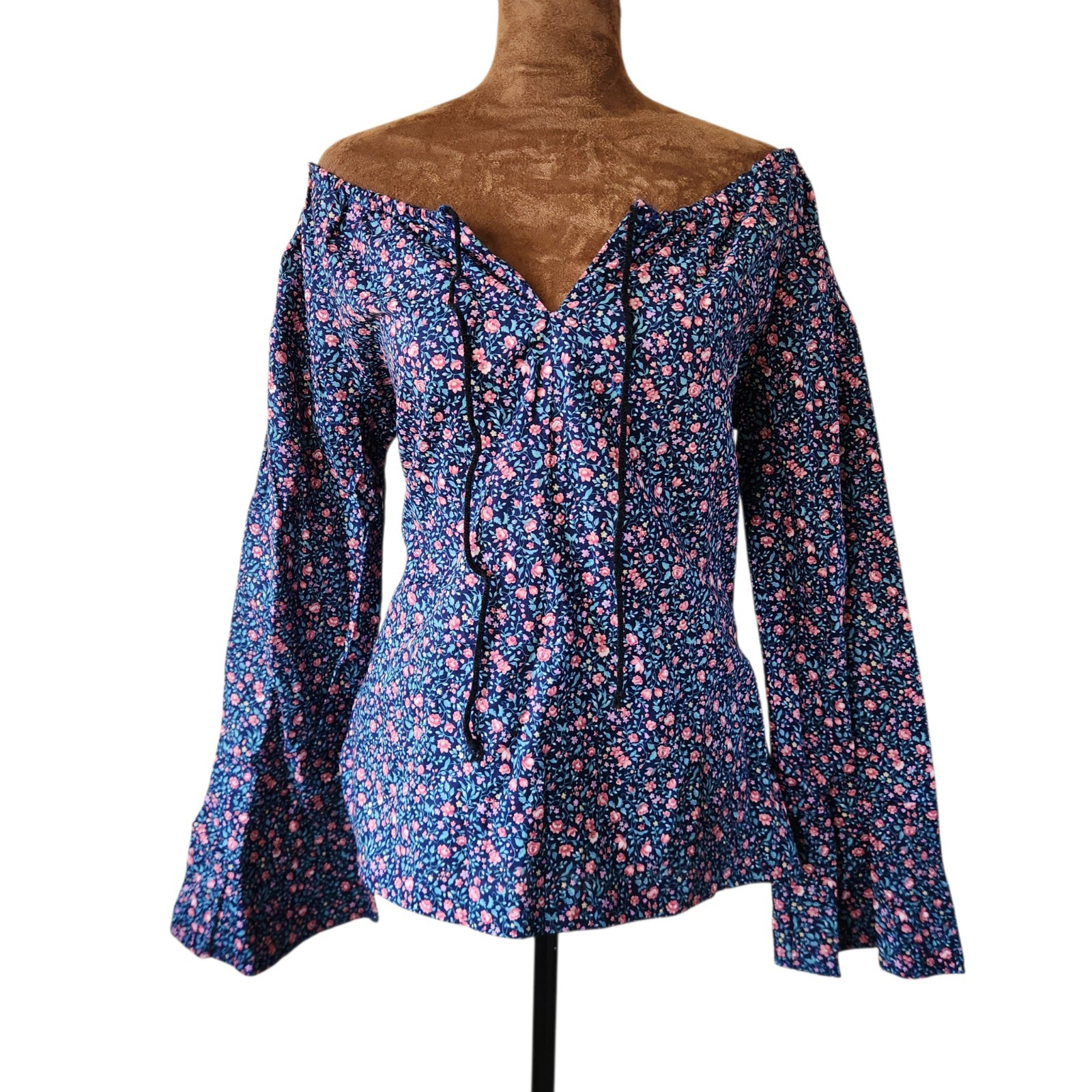 Vintage Handmade Womens Top Large Floral Bell Sleeve Peasant Cottagecore