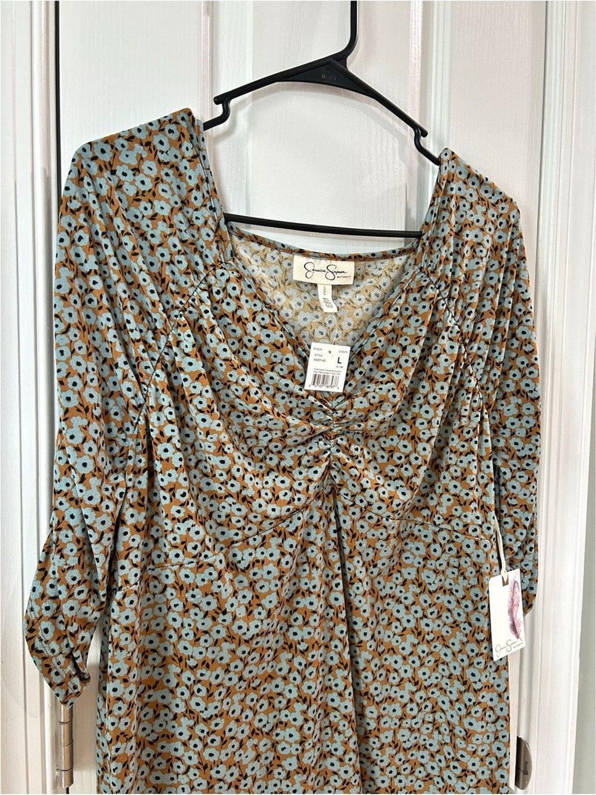 Jessica Simpson Maternity Top Large NWT Floral Ruched Stretch 3/4 Sleeve