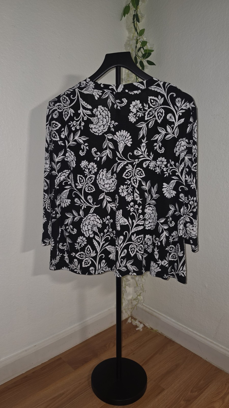 Allison Daley Womens Petites PS Black White Floral Peplum 3/4 Sleeve Blouse