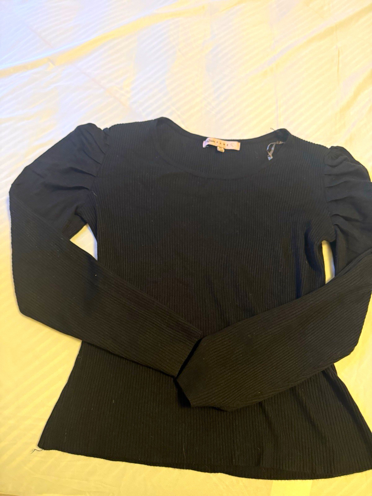 Crave Fame Black Ribbed Knit Scoop Neck Ruffle Puff Long Sleeve Top XL Women