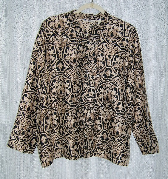 “French Laundry” 100% Silk Asian Style Long Sleeve Blouse Black & Brown Print XL