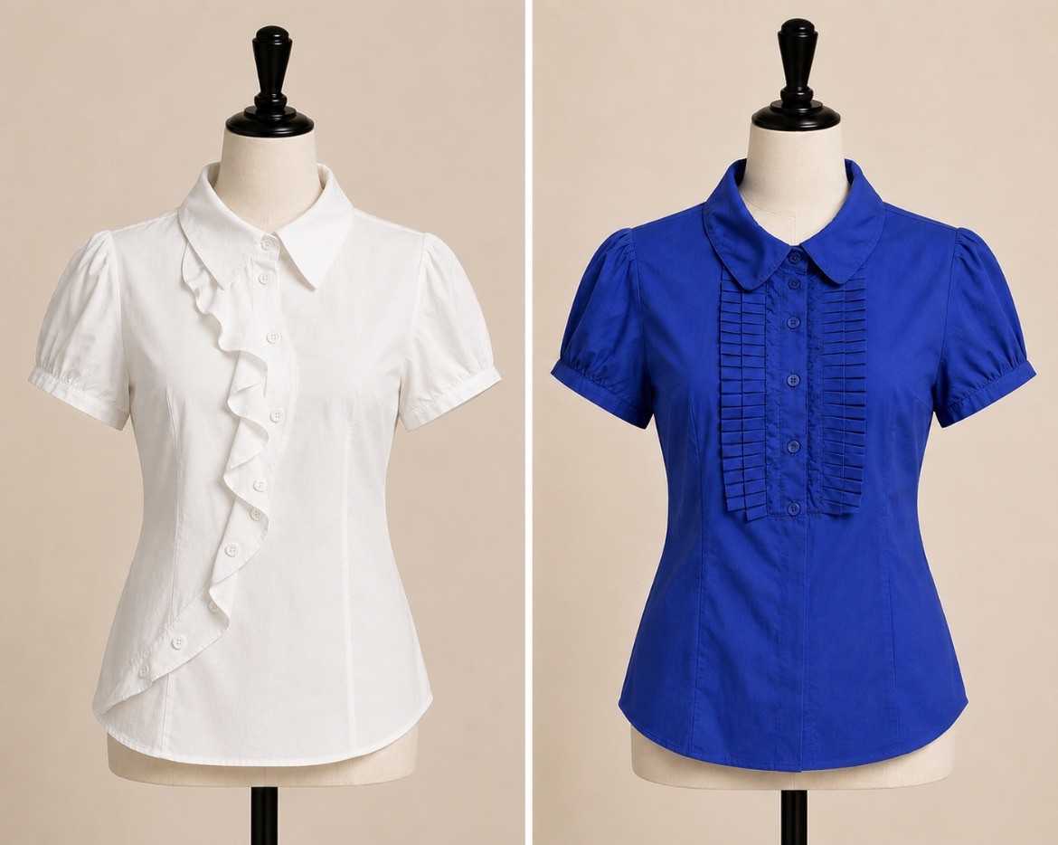 Cue Women’s Short Sleeve Shirt Blouse x 2 in Size 10 White Blue Button Ruffle
