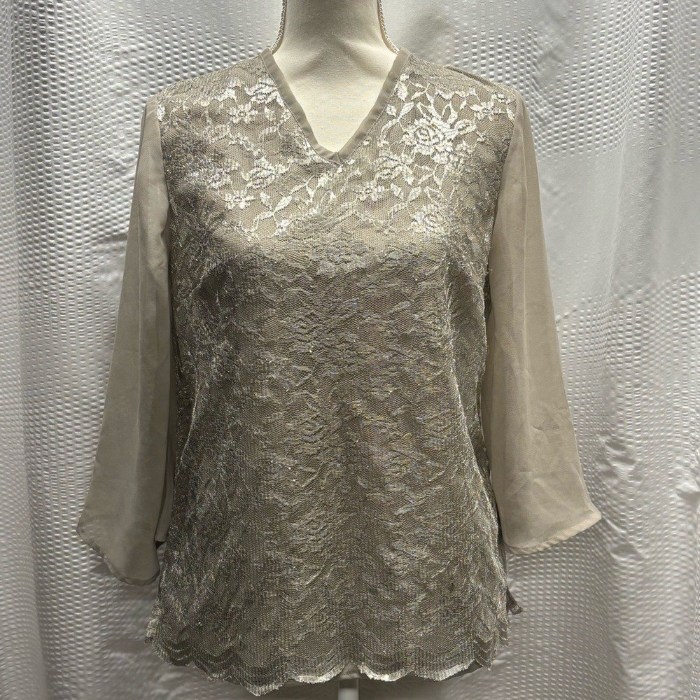 Elizabeth Williams Small Taupe Metallic Lacey Blouse