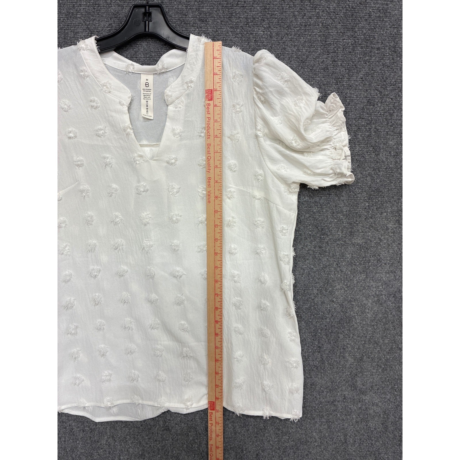 B White Clip Dot Puff Sleeve Blouse Split Neck Textured Top Medium