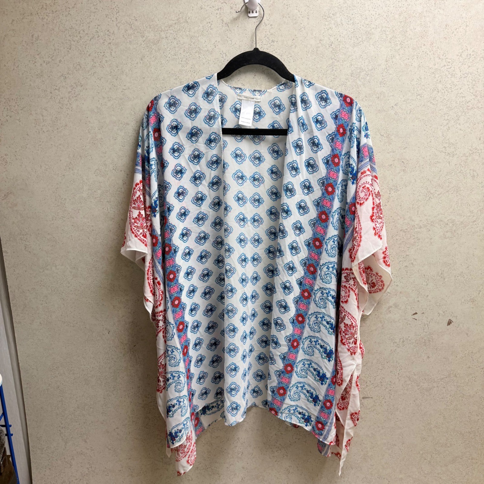 Maurices OS Women White Blue Pink Floral Paisley Boho Artsy Lightweight Kimono