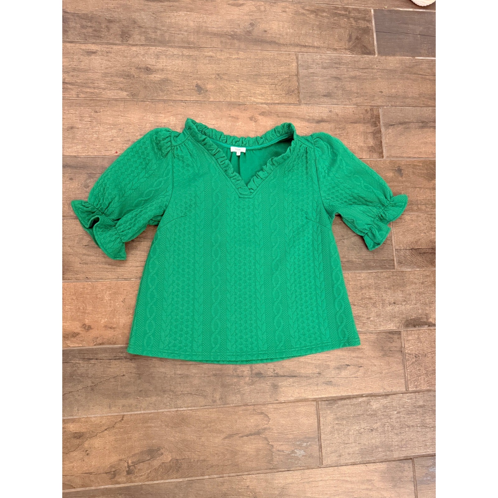 Voy Green Cable Knit Textured Ruffle V-Neck Puff Sleeve Blouse Top