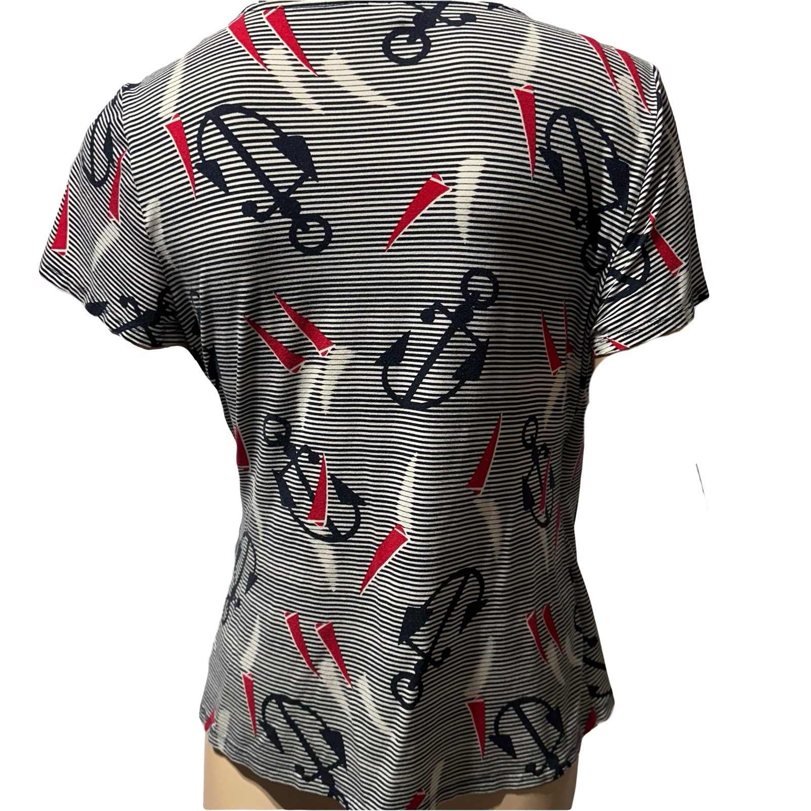 Talbots Women’s Faux Wrap Top Nautical Anchor Stripe Short Sleeve Size L Large